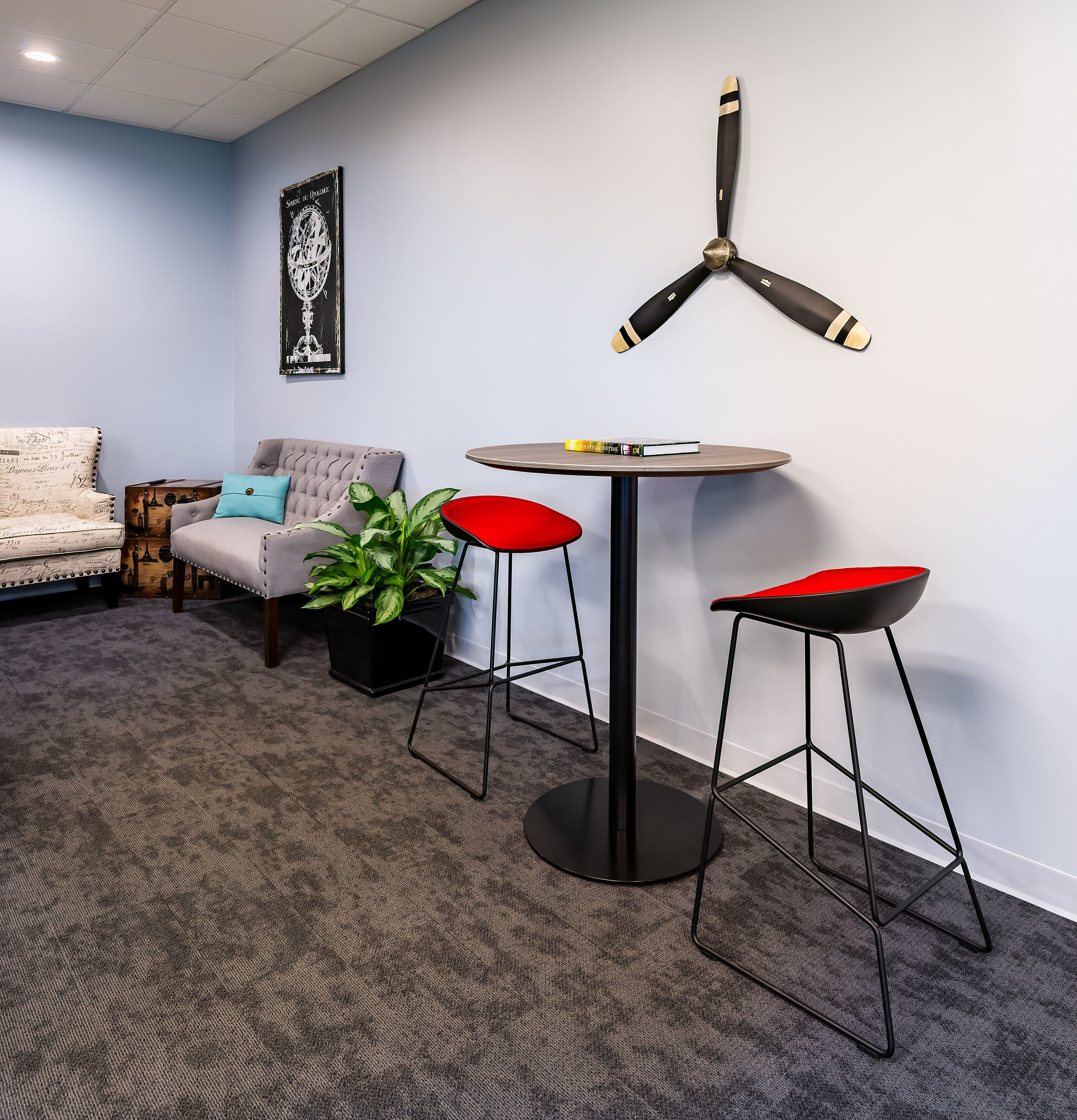 Travel Agent Office renovation, high table and couches