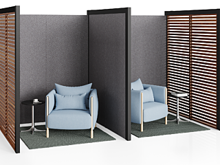 Herman Miller Overlay: Haven set up configuration, lounge chairs, wood slat divider walls
