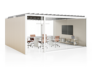 Herman Miller Overlay: meeting space set up configuration light beige color scheme