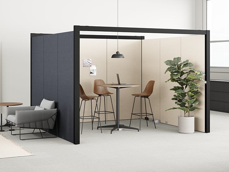 Herman Miller Overlay: Logic Reach Collection set up configuration, lounge seating and high table with stools