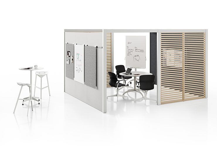Herman Miller Overlay: Cove and Exclave set up configuration, grey textile color tones