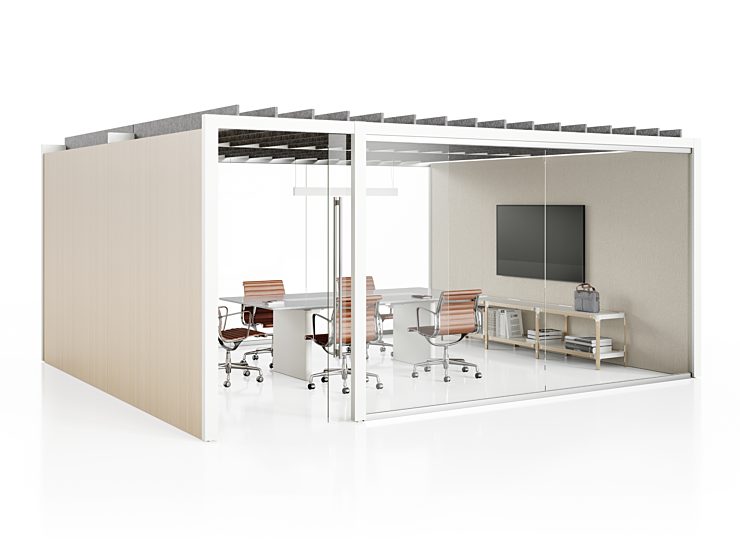 Herman Miller Overlay: meeting space set up configuration light beige color scheme